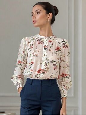Quiet luxury silk & cotton me+em Floral Cream Blouse